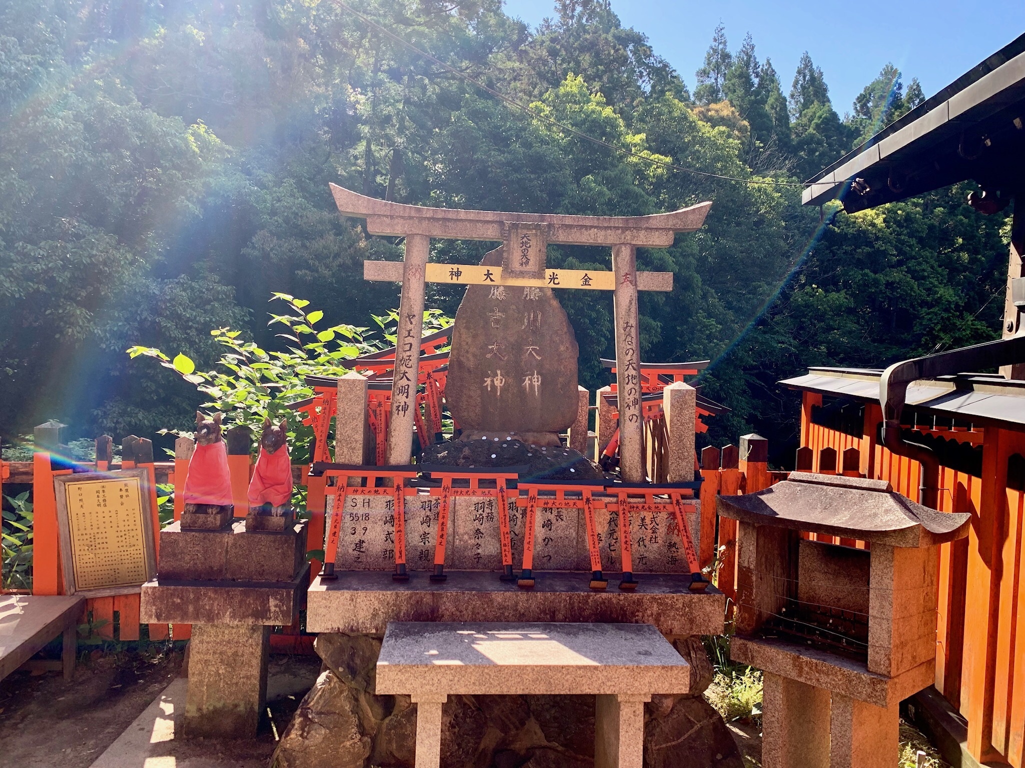 Tranquil torii gates at a quiet corner of Fushimi Inari Shrine in Kyoto