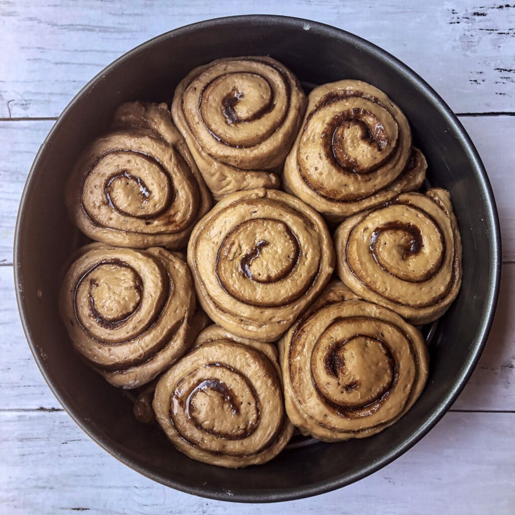 Brown sugar rolls after the second proof and before going in the oven