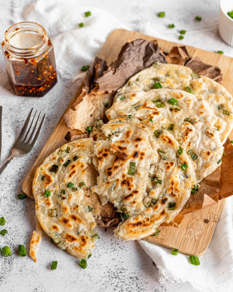 sourdough scallion pancakes close up