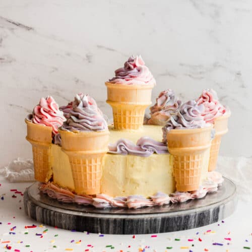 birthday cake decorated with ice cream cones