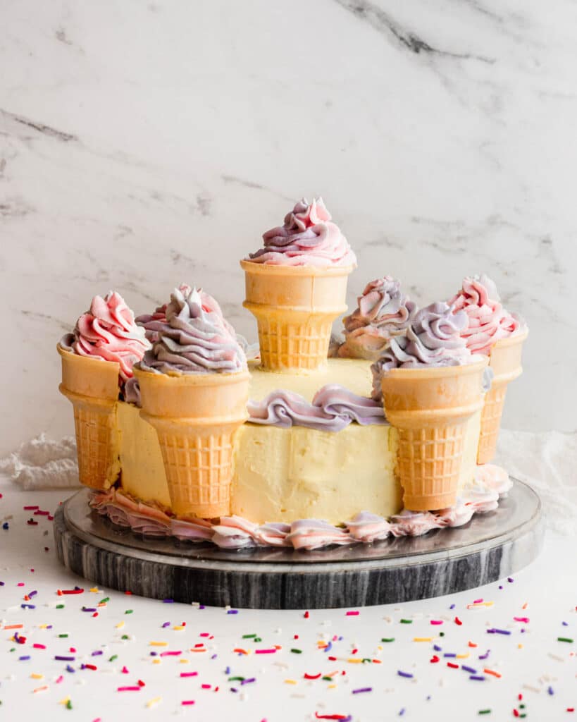 birthday cake decorated with ice cream cones