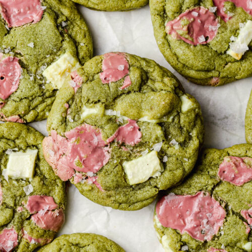chewy matcha cookies with white chocolate and ruby chocolate
