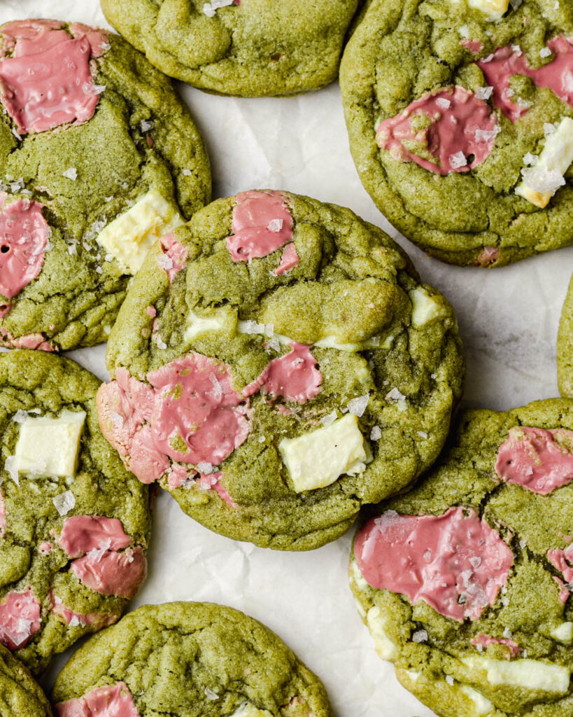 chewy matcha cookies with white chocolate and ruby chocolate