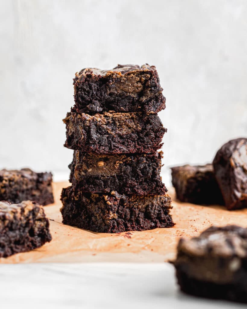 stack of hojicha cheesecake brownies