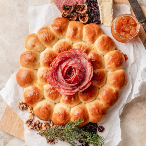 brie-stuffed bread wreath and charcuterie