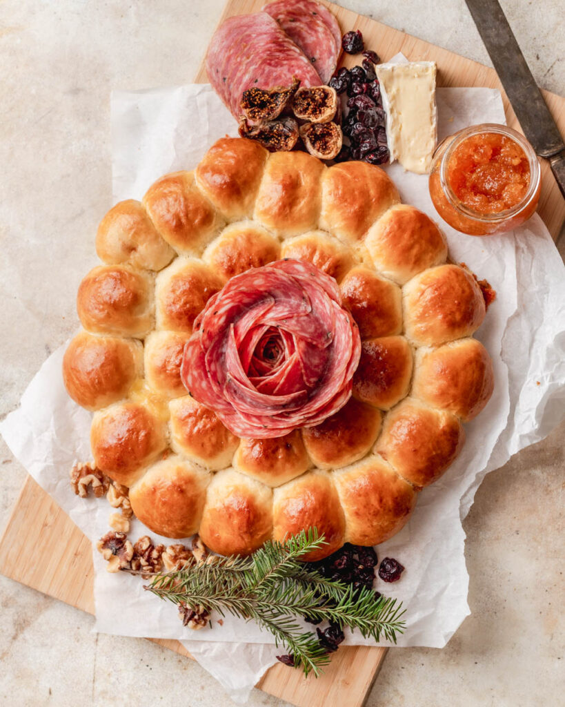 brie-stuffed bread wreath and charcuterie