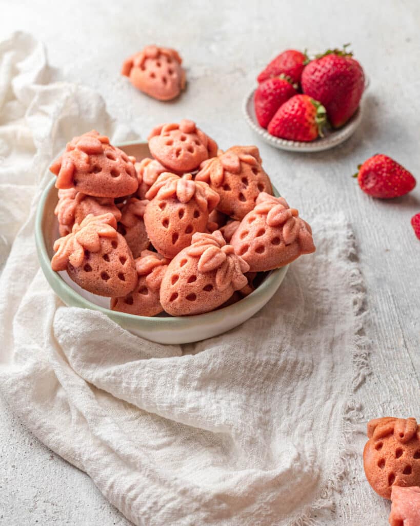 bowl of strawberry mochi muffins