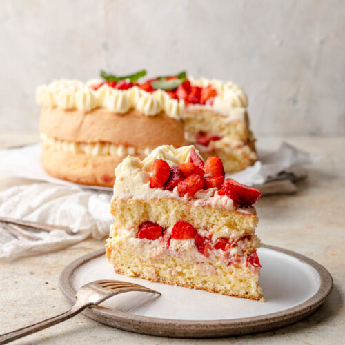 slice of strawberry basil cake