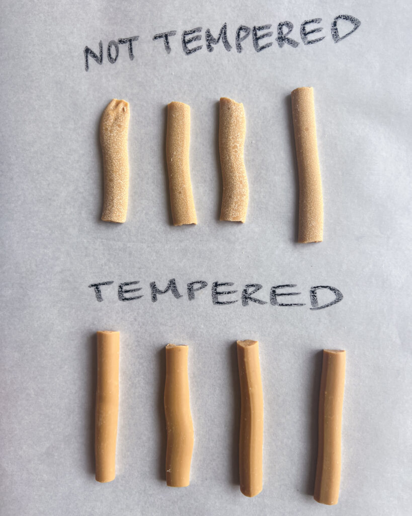 tempered vs not tempered caramelized white chocolate